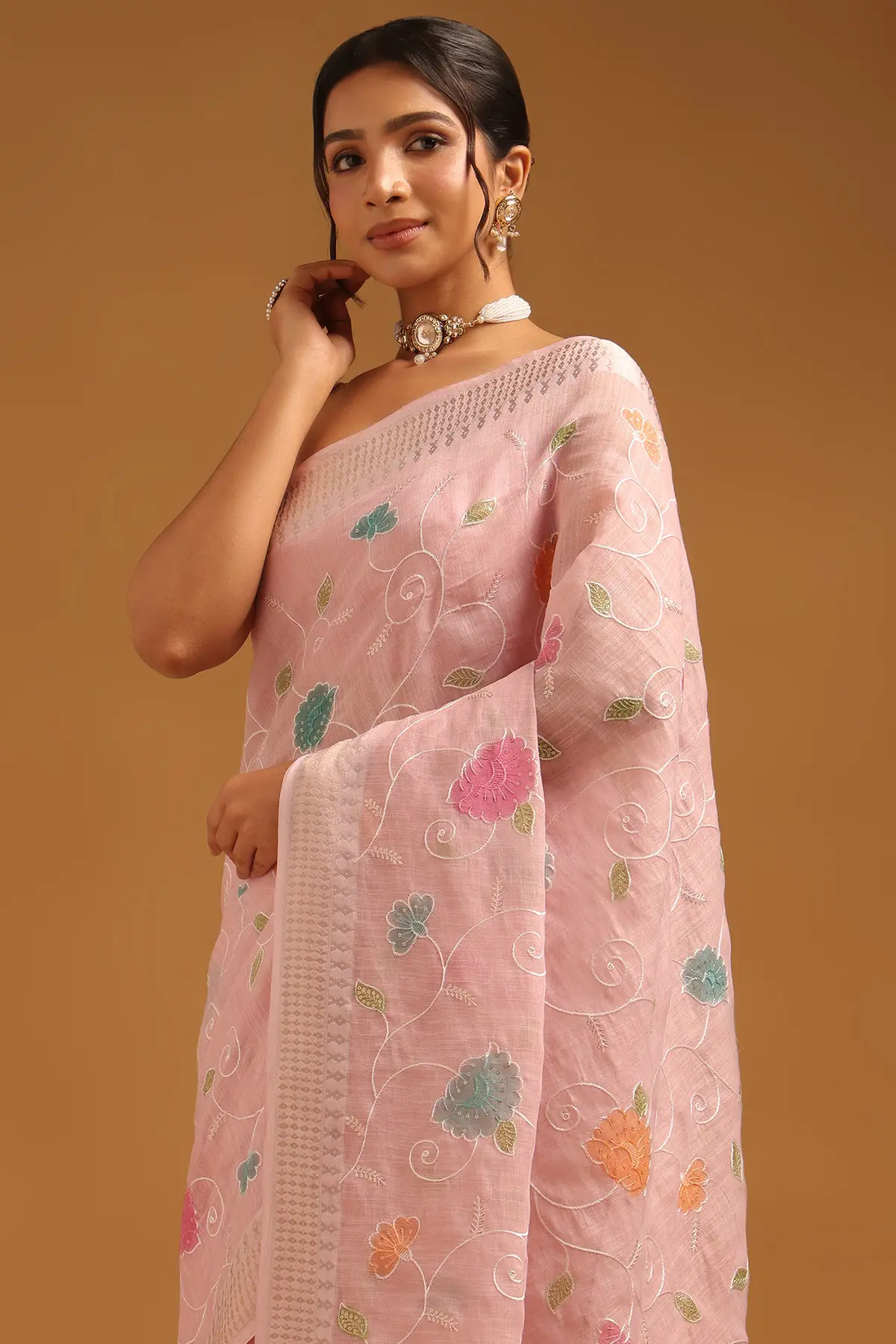 Pink Linen Floral Embroidered Saree With Sequin